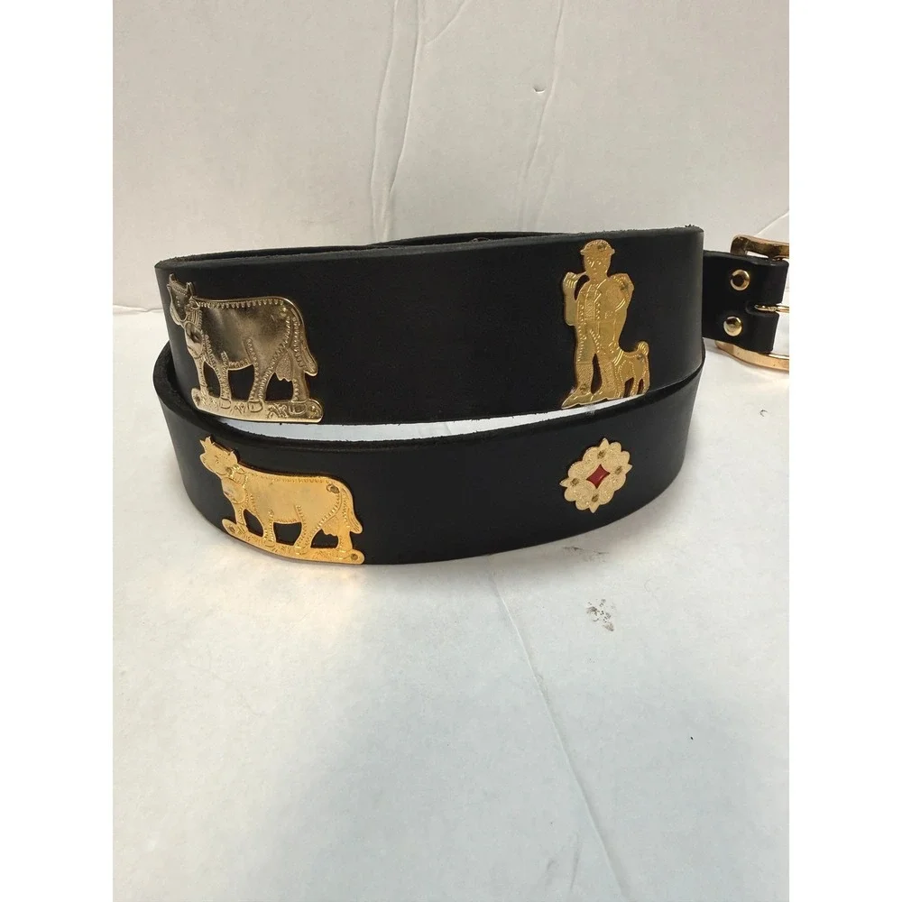 Appenzeller Swiss Leather Belt Black Brass Cow Herdsman Folk Art Size 48 Farmer